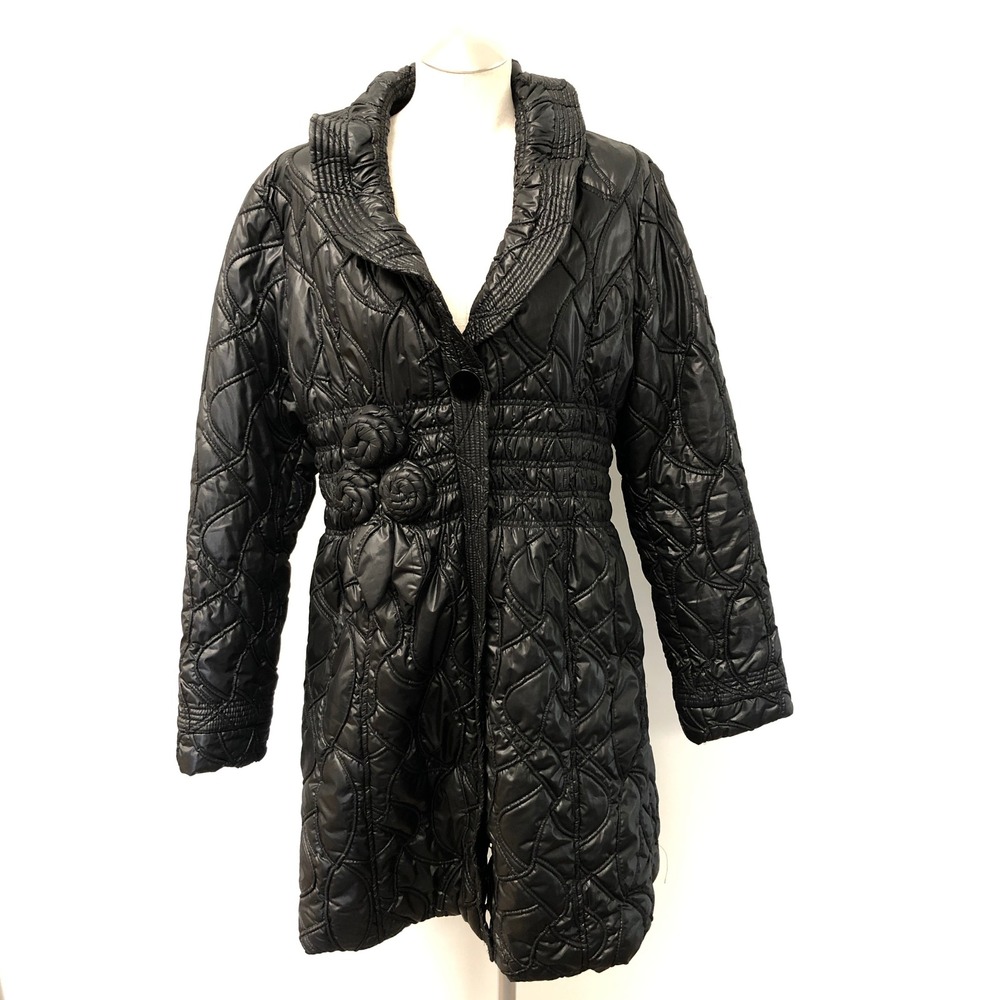 Lucy Paris Quilted Coat Womens Large Black Floral Applique Ruffle Puffer Jacket